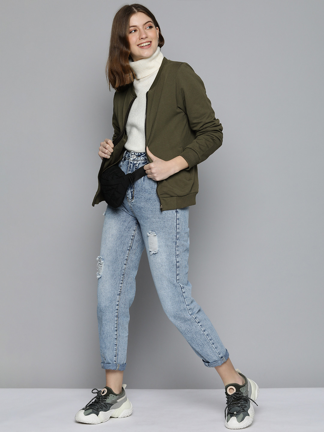 

HERE&NOW Women Olive Green Solid Sweatshirt