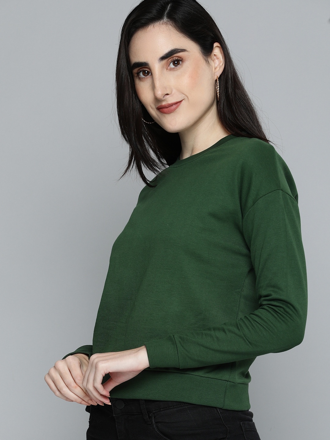 

HERE&NOW Women Green Drop Shoulder Sweatshirt