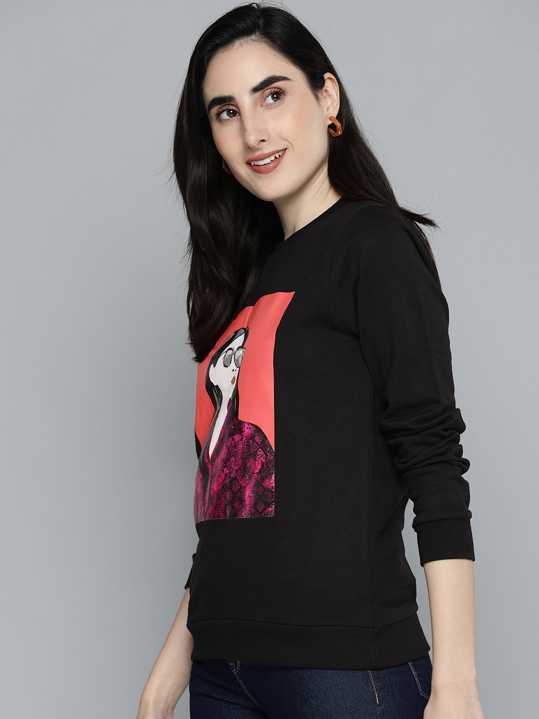 

HERE&NOW Women Black Graphic Printed Round-Neck Pure Cotton Pullover Sweatshirt