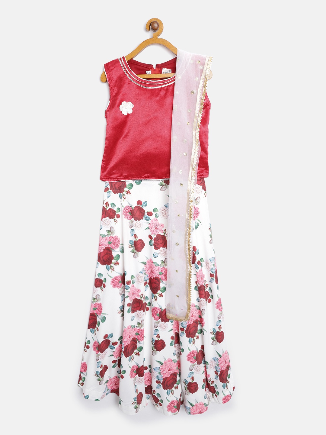 

Aarika Girls Maroon & White Floral Print Ready to Wear Lehenga & Solid Blouse With Dupatta