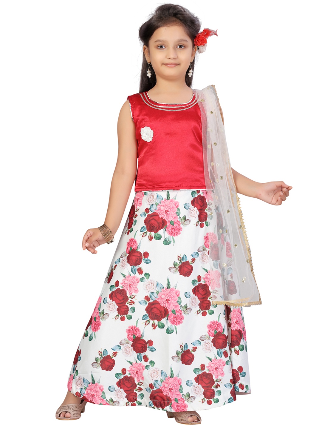 

Aarika Girls White & Maroon Floral Printed Ready to Wear Lehenga & Blouse With Dupatta, Off white