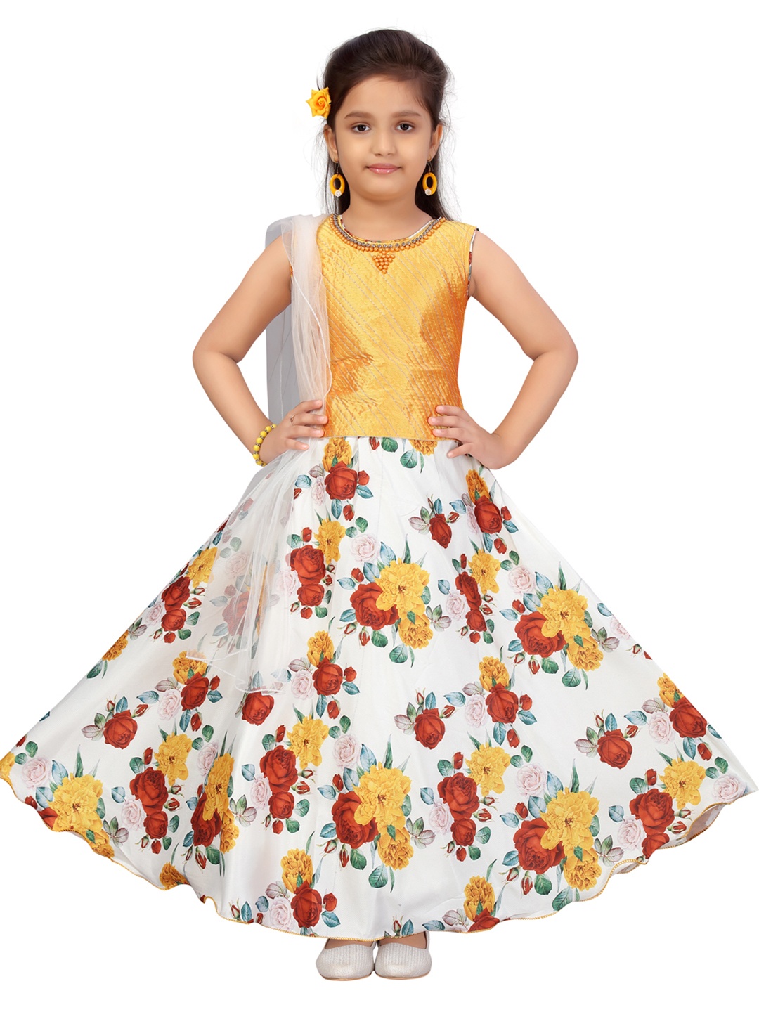 

Aarika Girls White & Mustard Yellow Printed Ready to Wear Lehenga & Blouse With Dupatta