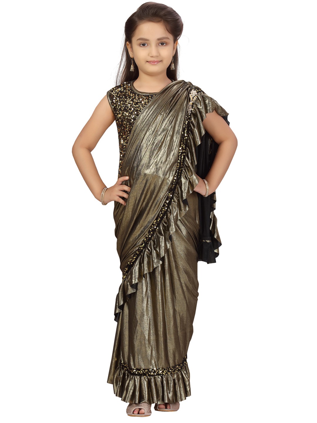 

Aarika Girls Gold & Black Satin Finish Sequinned Ruffled Saree