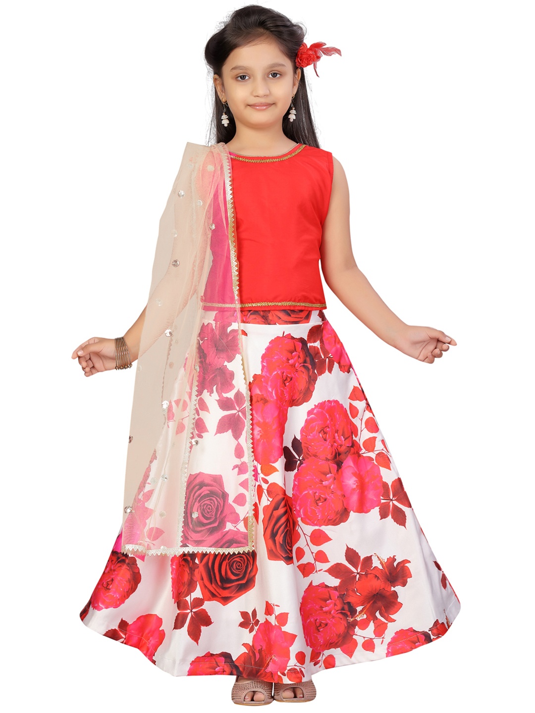 

Aarika Girls White & Red Floral Printed Ready to Wear Lehenga & Blouse With Dupatta