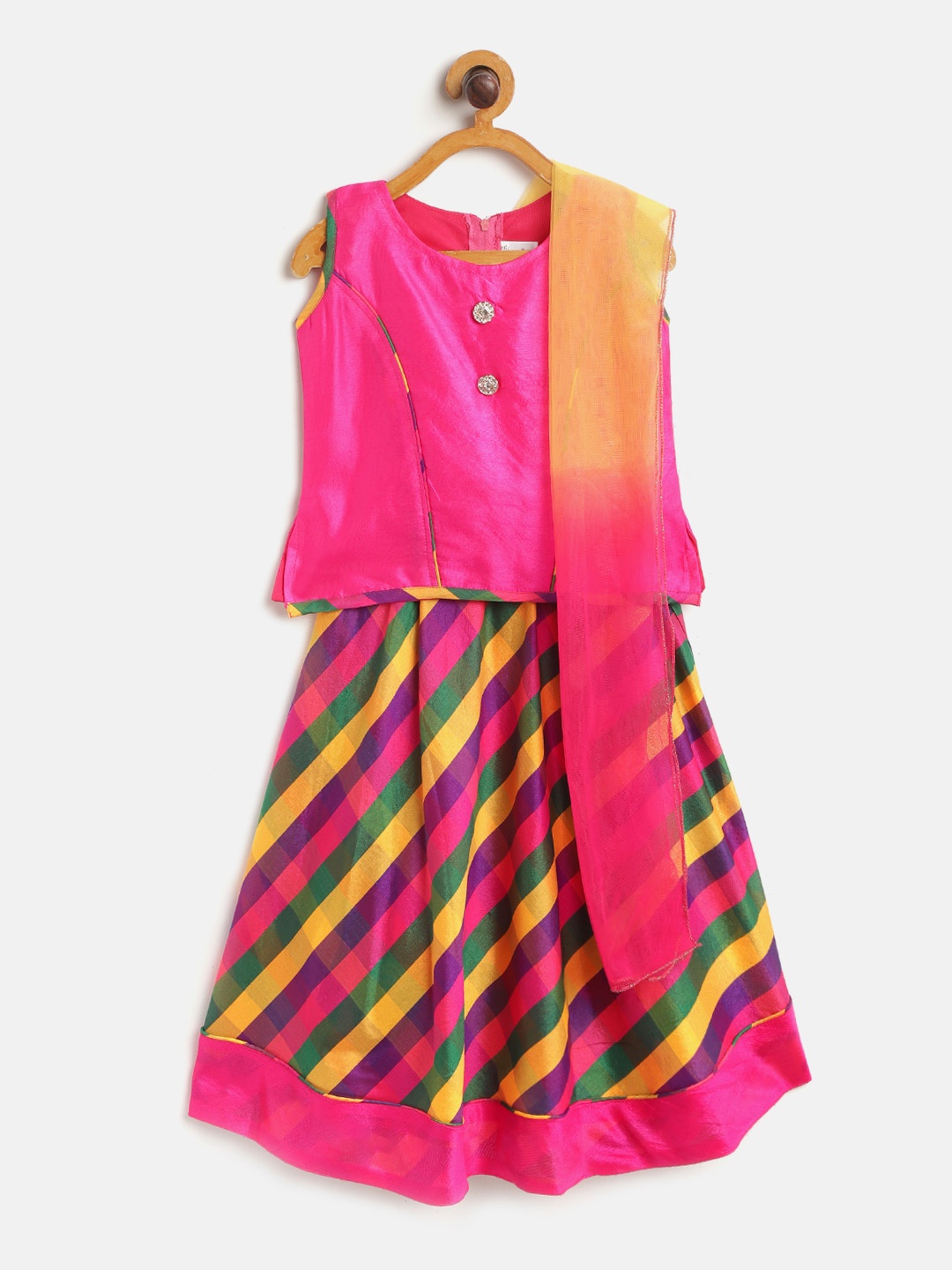 

Aarika Girls Pink & Yellow Ready to Wear Lehenga & Blouse With Dupatta