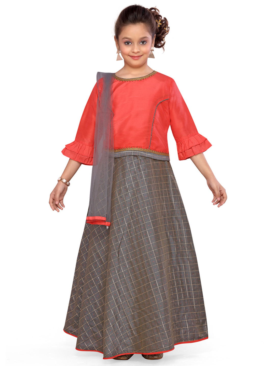

Aarika Girls Grey & Gold Checked Woven Design Ready to Wear Lehenga & Blouse With Dupatta
