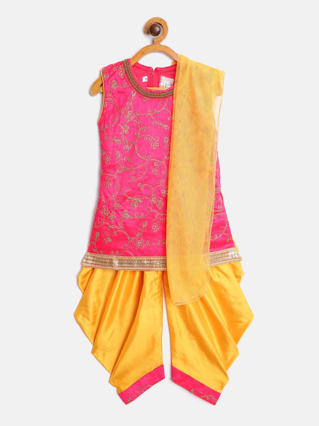 

Aarika Girls Pink & Gold Ethnic Embroidered Straight Kurti with Patiala & Dupatta