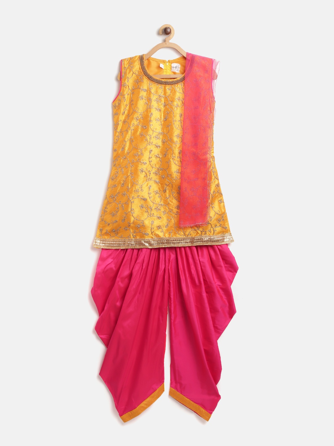 

Aarika Girls Yellow & Pink Embroidered Kurta with Patiala & Dupatta
