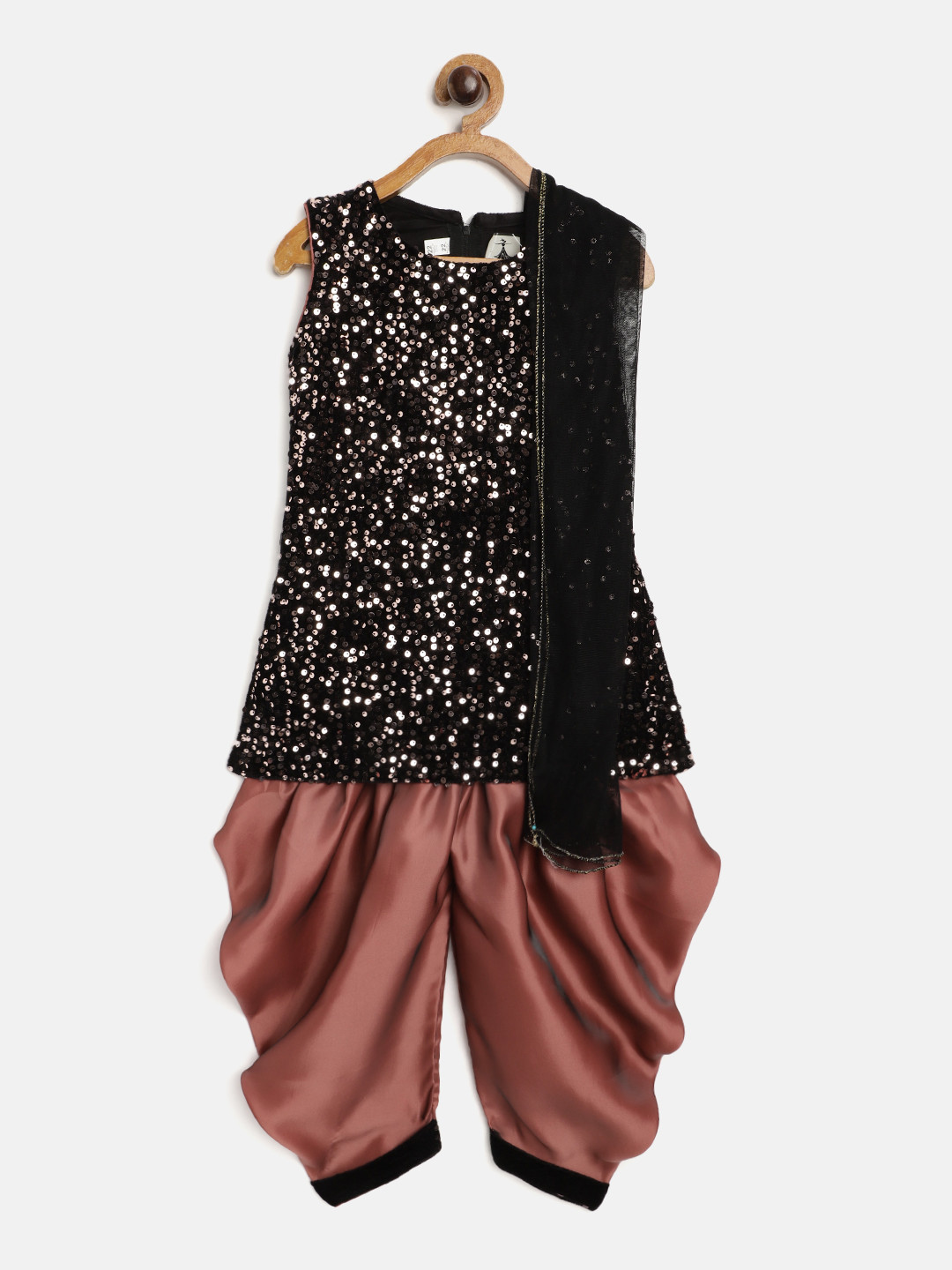 

Aarika Girls Black & Dusty Pink Sequinned Velvet Finish Kurta with Patiala & Dupatta