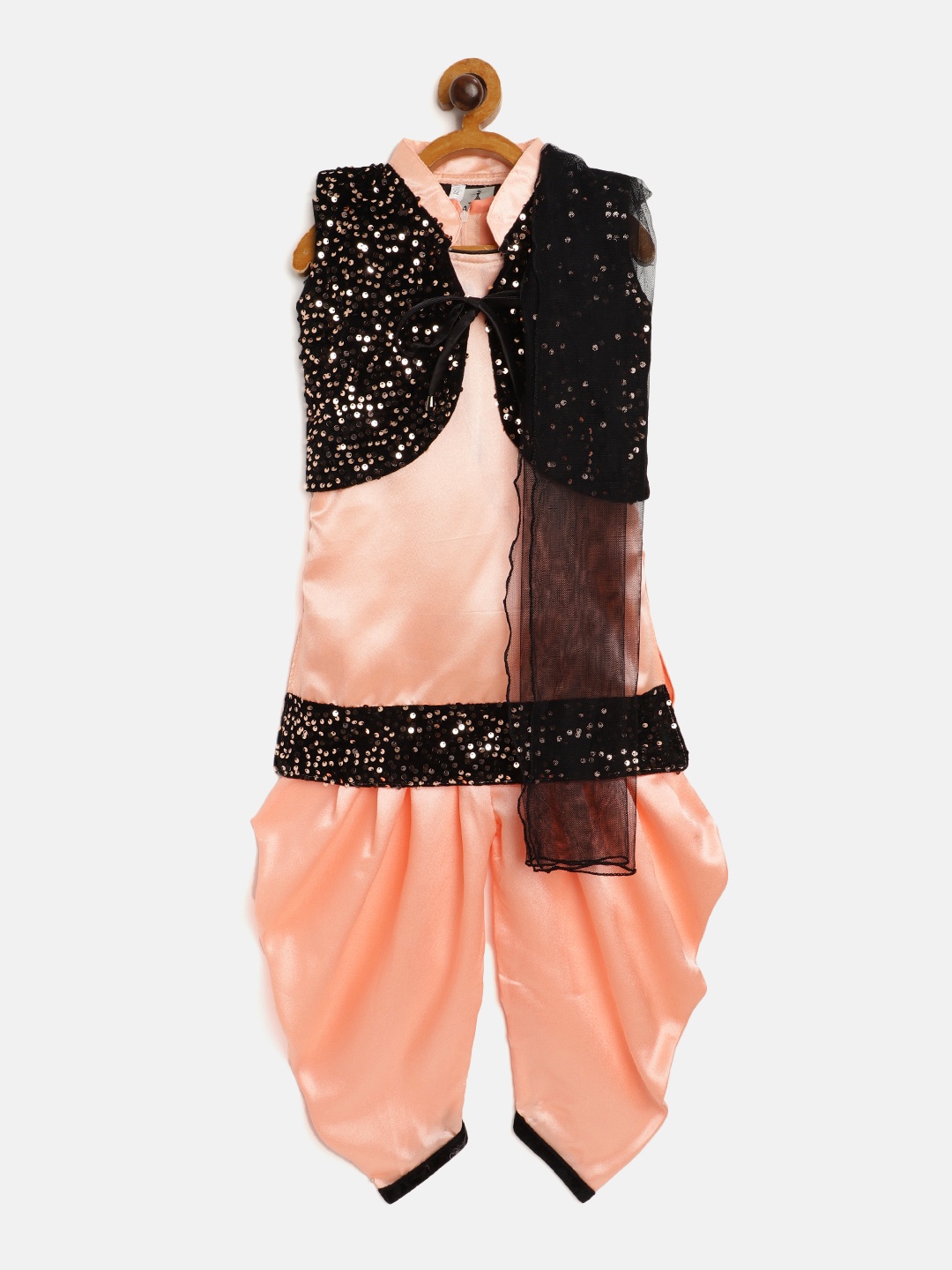 

Aarika Girls Peach-Coloured & Black Solid Kurta Set with Ethnic Jacket