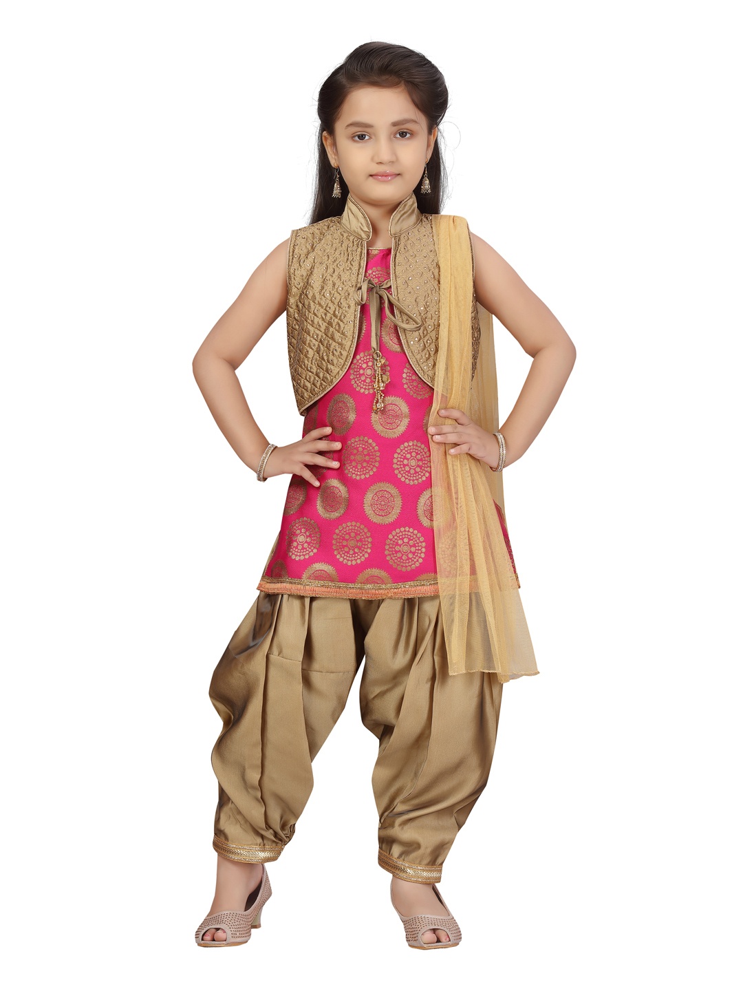 

Aarika Girls Pink & Golden Woven Design Kurti with Salwar - Dupatta & Ethnic Jacket