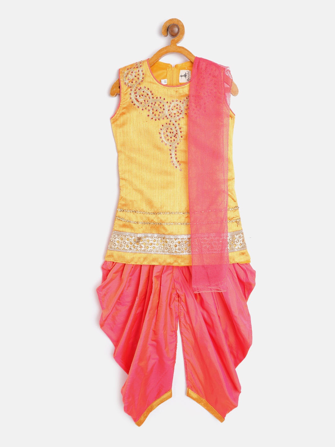 

Aarika Girls Mustard Yellow & Coral Pink Yoke Design Straight Kurta with Patiala & Dupatta