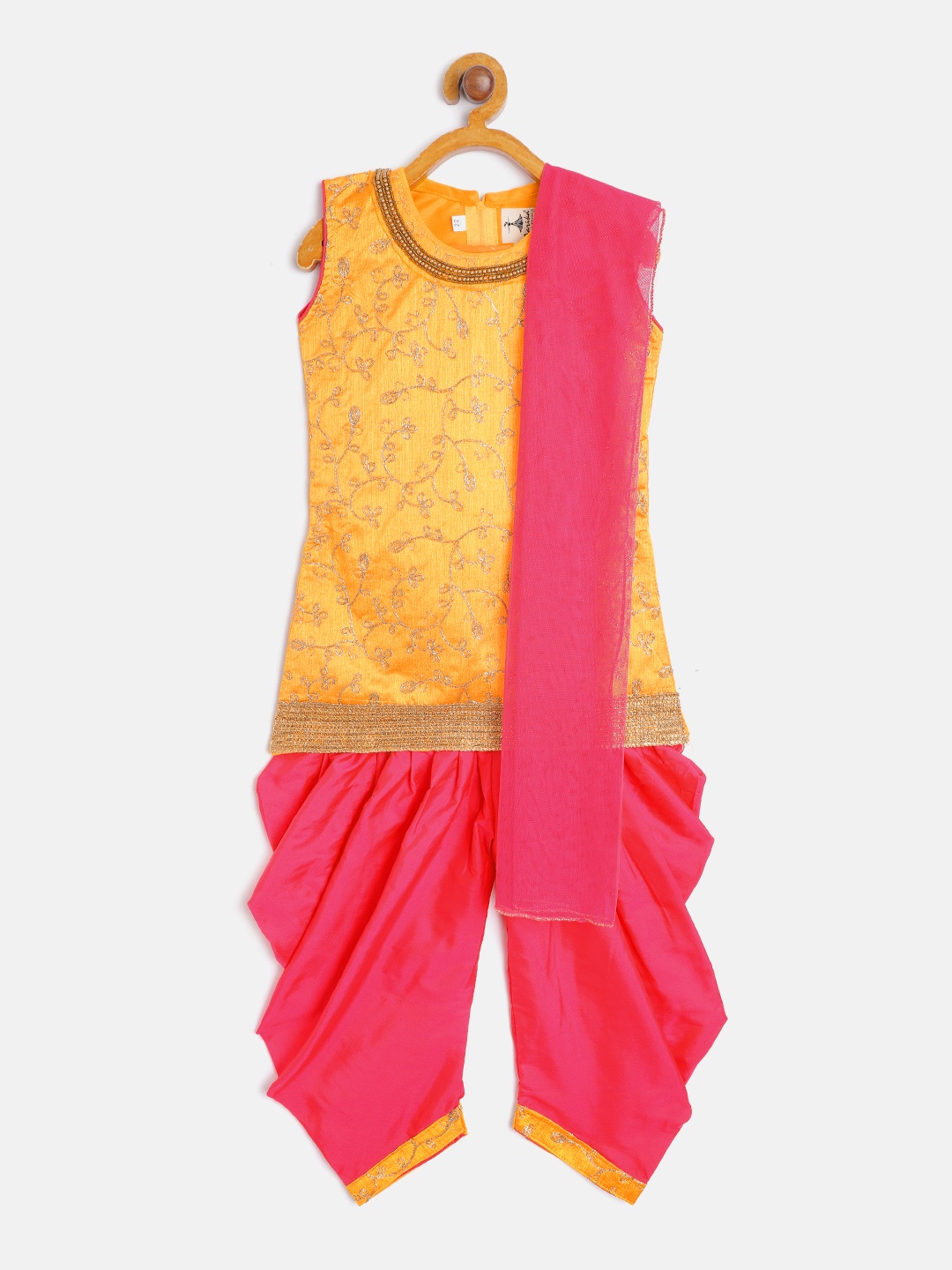 

Aarika Girls Mustard Yellow & Pink Embroidered Straight Kurta with Patiala & Dupatta