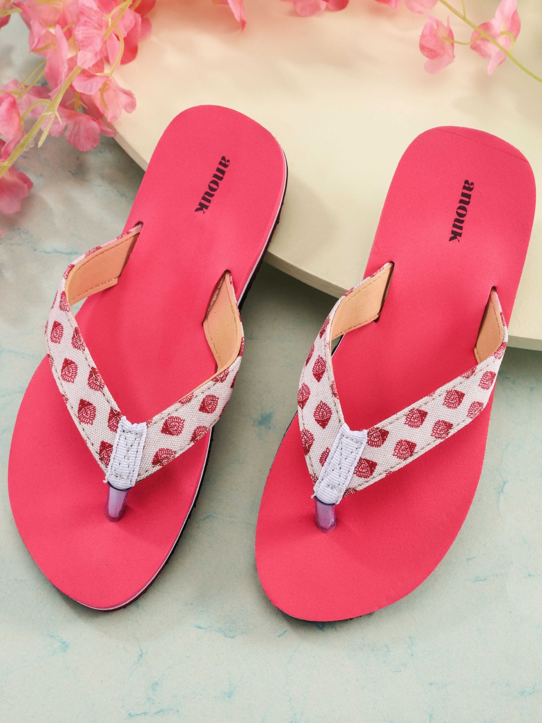 

Anouk Women White & Pink Printed Thong Flip-Flops