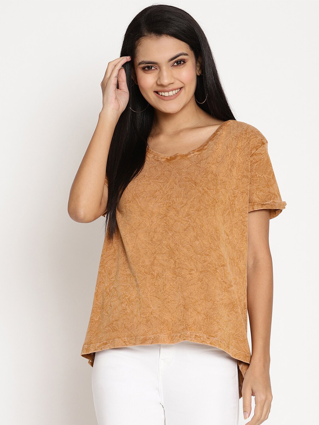 

Wolfpack Women Gold-Toned V-Neck Extended Sleeves Raw Edge T-shirt