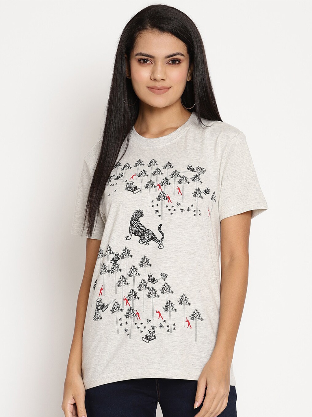 

Wolfpack Women Grey Floral Printed T-shirt