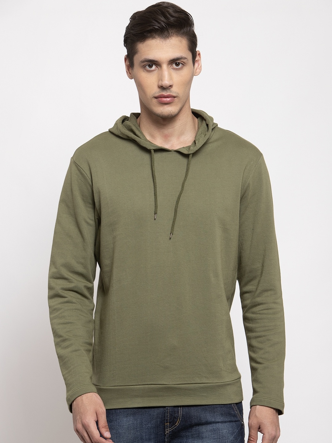 

DOOR74 Men Olive Green Hooded Sweatshirt