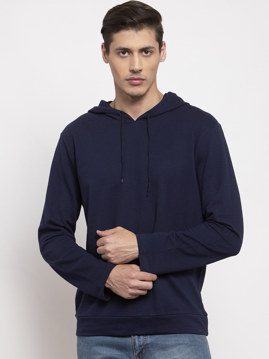 

DOOR74 Men Navy Blue Hooded Sweatshirt