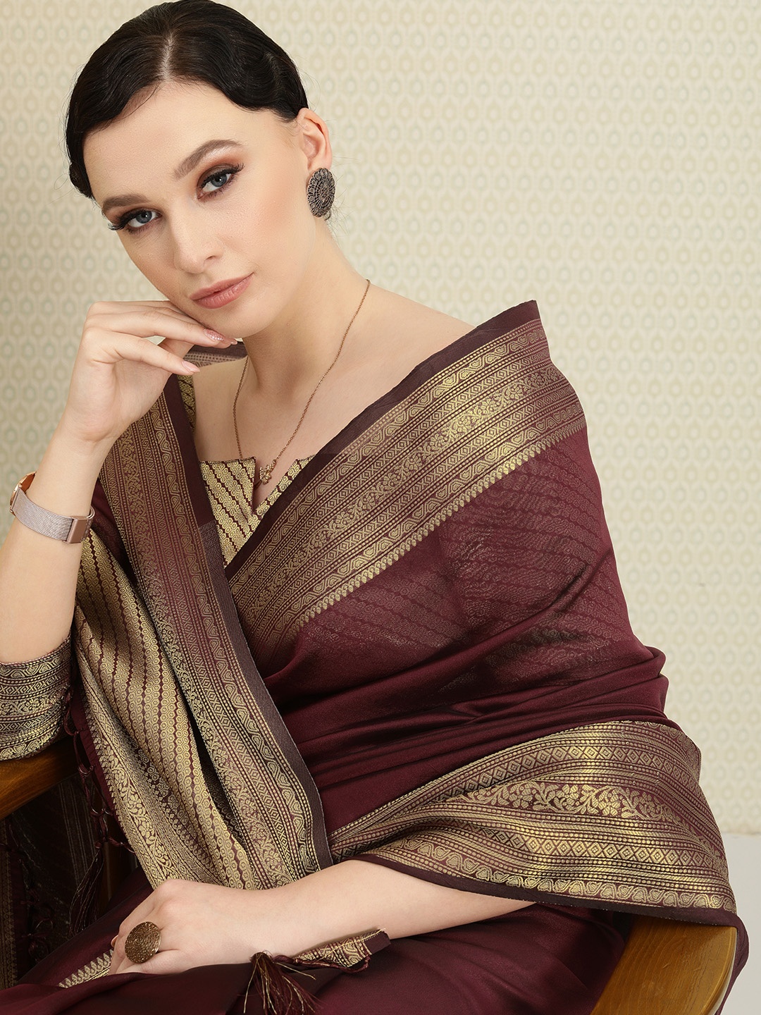 

House of Pataudi Maroon Striped Zari Organza Saree