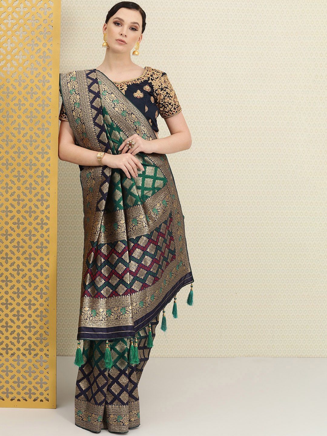 

House of Pataudi Green & Navy Blue Ethnic Motifs Zari Silk Blend Banarasi Saree