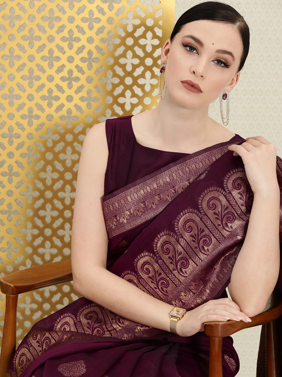 

House of Pataudi Burgundy Ethnic Motifs Zari Saree