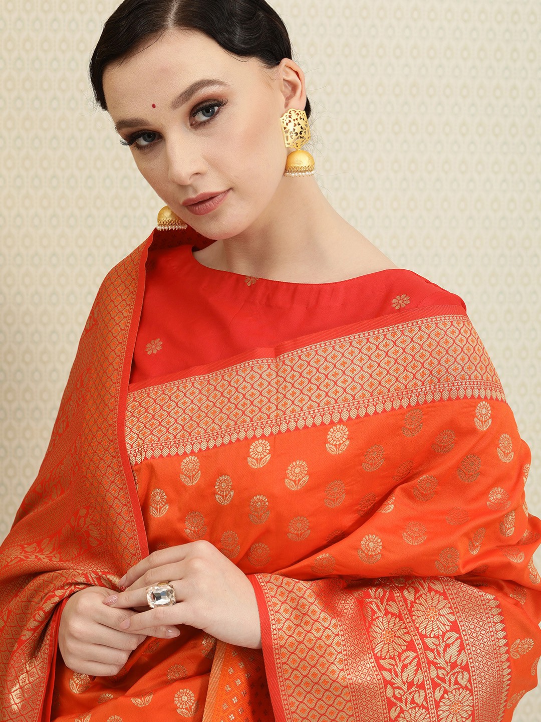 

House of Pataudi Orange Floral Zari Silk Blend Banarasi Saree
