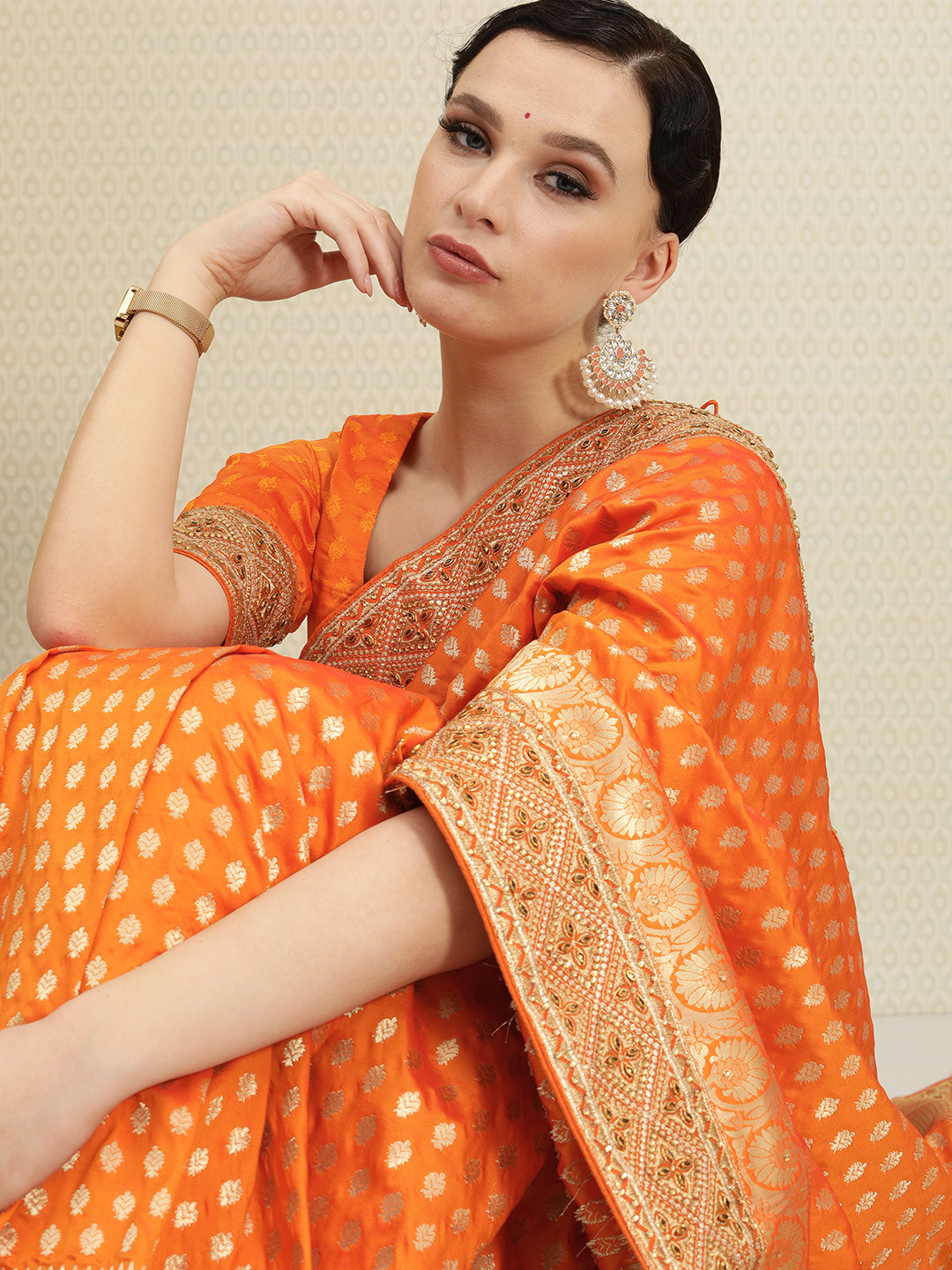 

House of Pataudi Orange & Gold-Toned Ethnic Motifs Sequinned Silk Blend Banarasi Saree