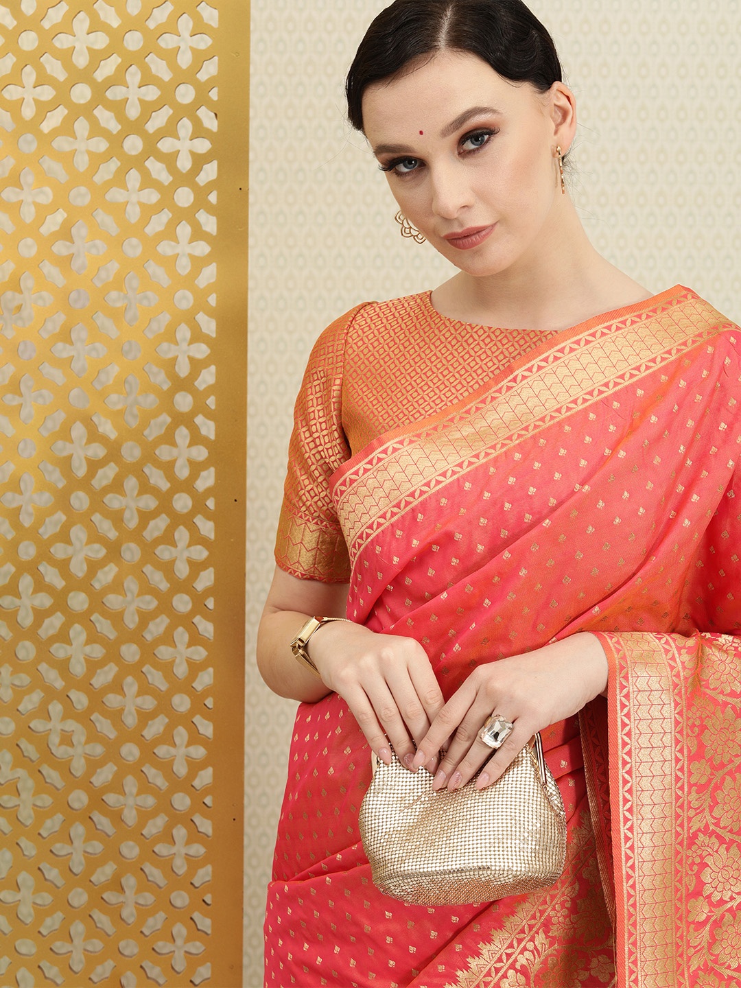 

House of Pataudi Coral Ethnic Motifs Zari Silk Blend Banarasi Saree