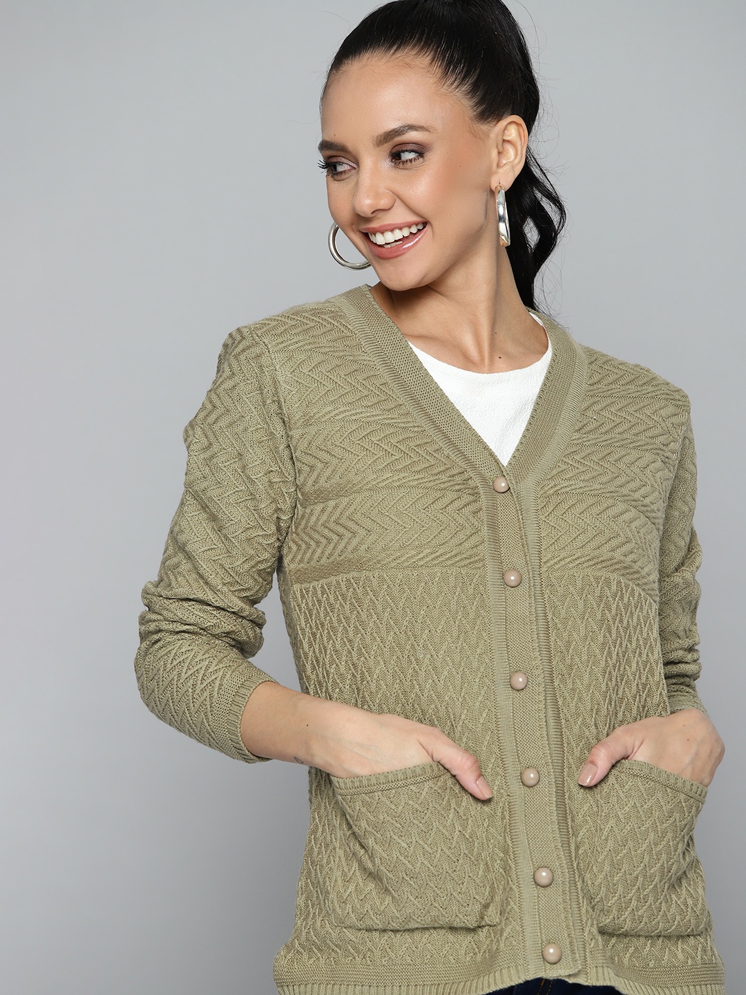 

HERE&NOW Women Olive Green Self-Design Cardigan