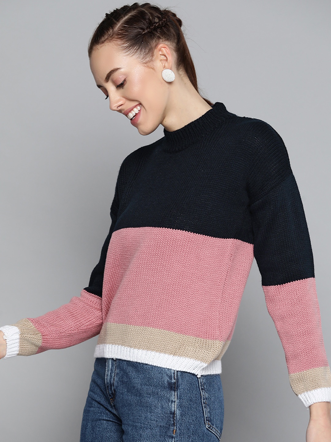 

HERE&NOW Women Navy Blue & Pink Colourblocked Pullover