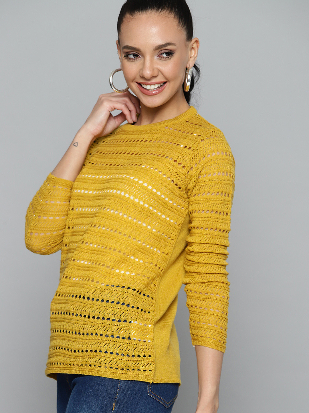 

HERE&NOW Women Mustard Yellow Open Knit Pullover