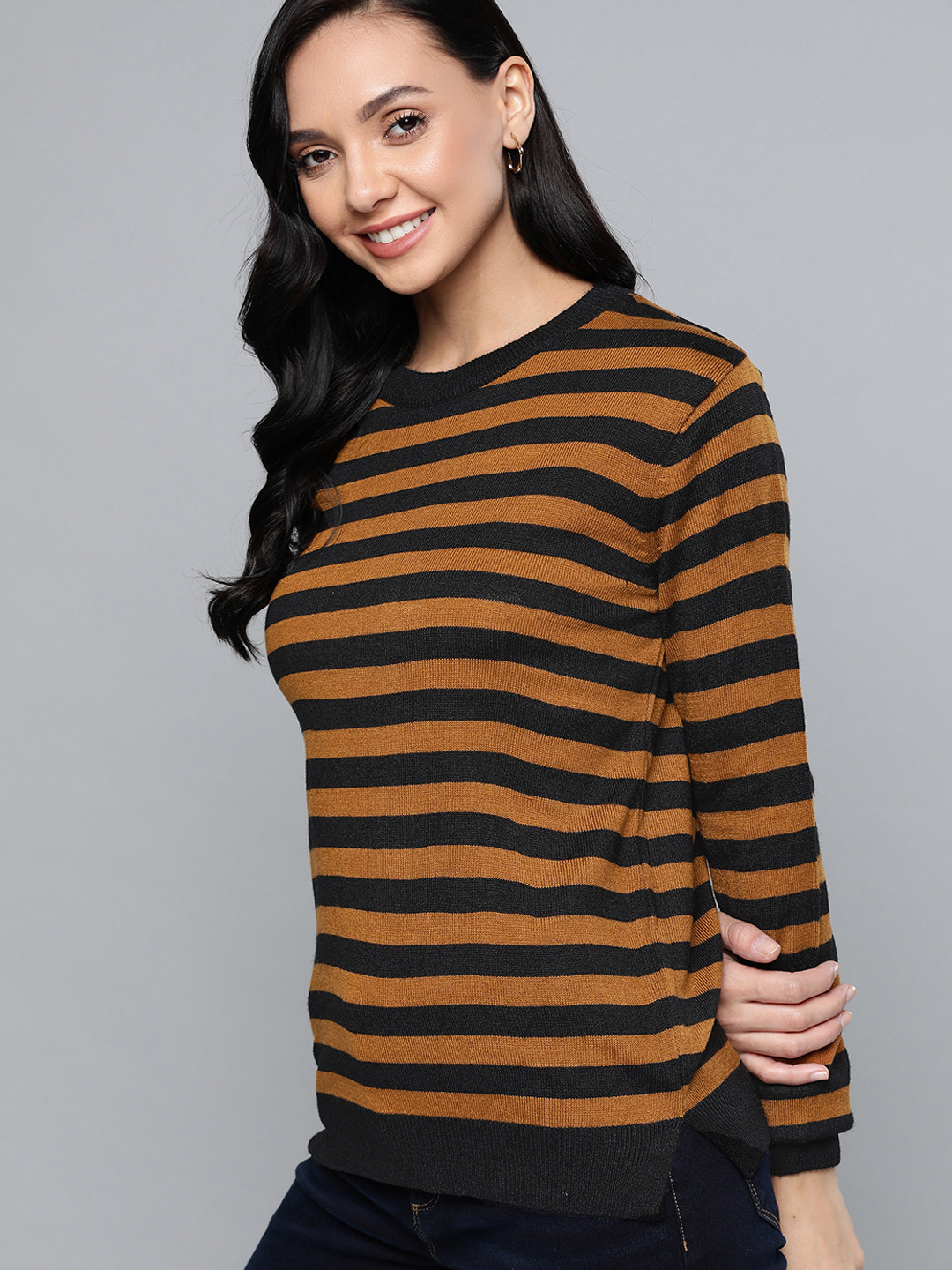 

HERE&NOW Women Brown & Black Striped Acrylic Pullover