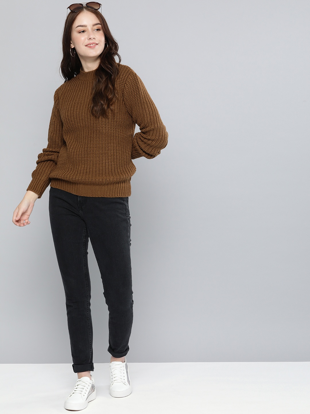 

HERE&NOW Women Brown Ribbed Pullover
