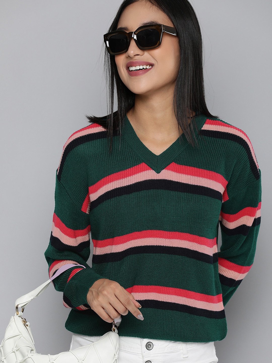 

HERE&NOW Women Green & Red Striped Pullover