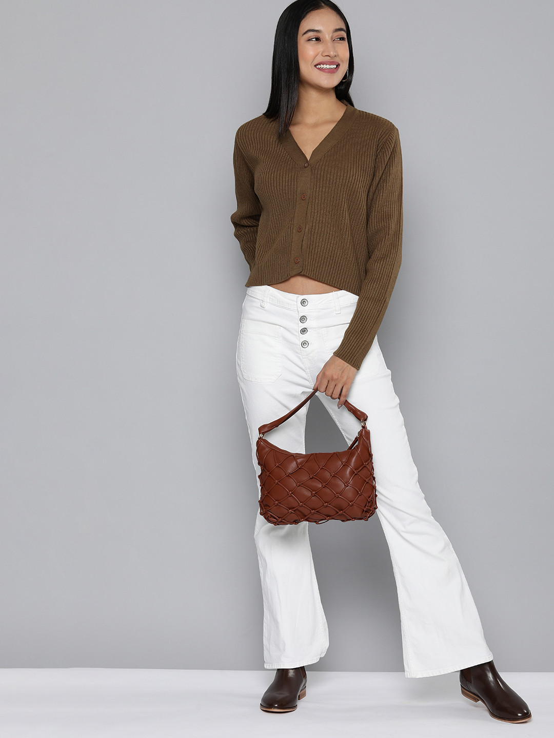 

HERE&NOW Women Brown Ribbed Crop Cardigan