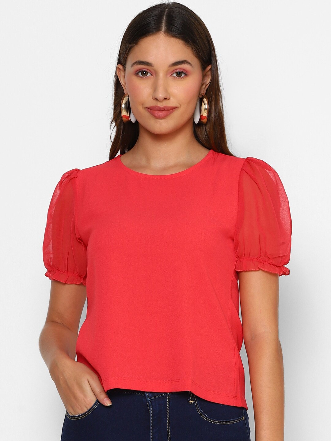 

FOREVER 21 Women Red Puff Sleeve Regular Top