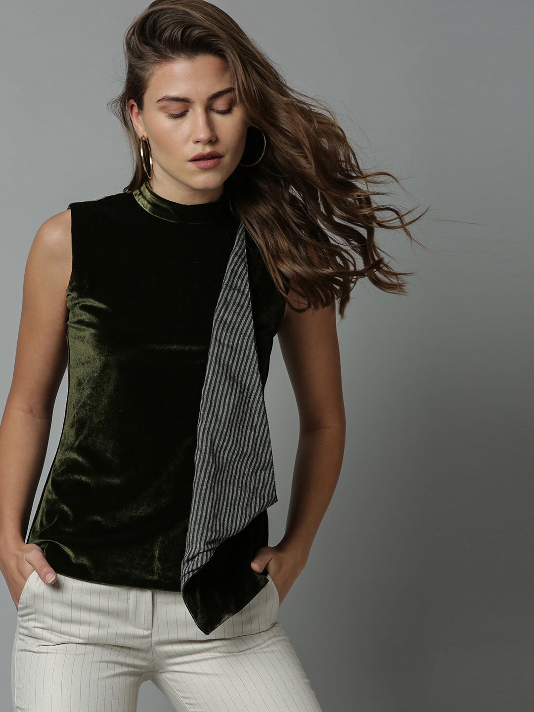 

RAREISM Olive Green Striped Velvet Regular Top