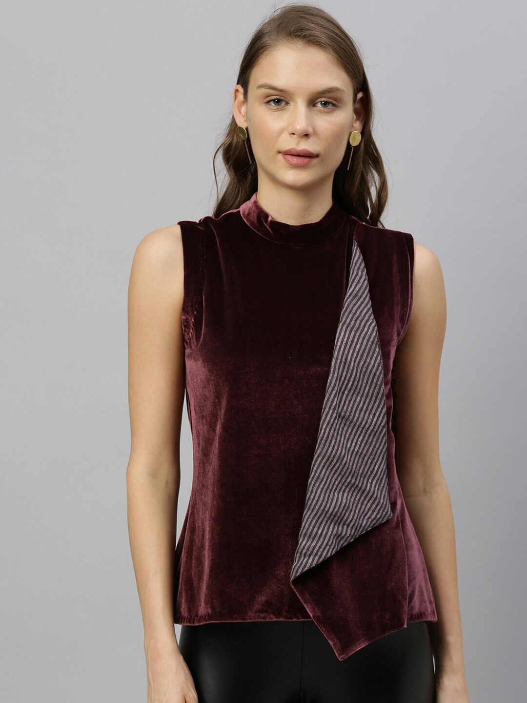 

RAREISM Maroon Colourblocked Velvet Regular Top