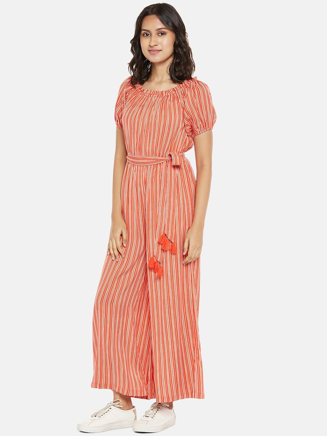 

People Women Orange & Beige Striped Puff Sleeves Basic Jumpsuit