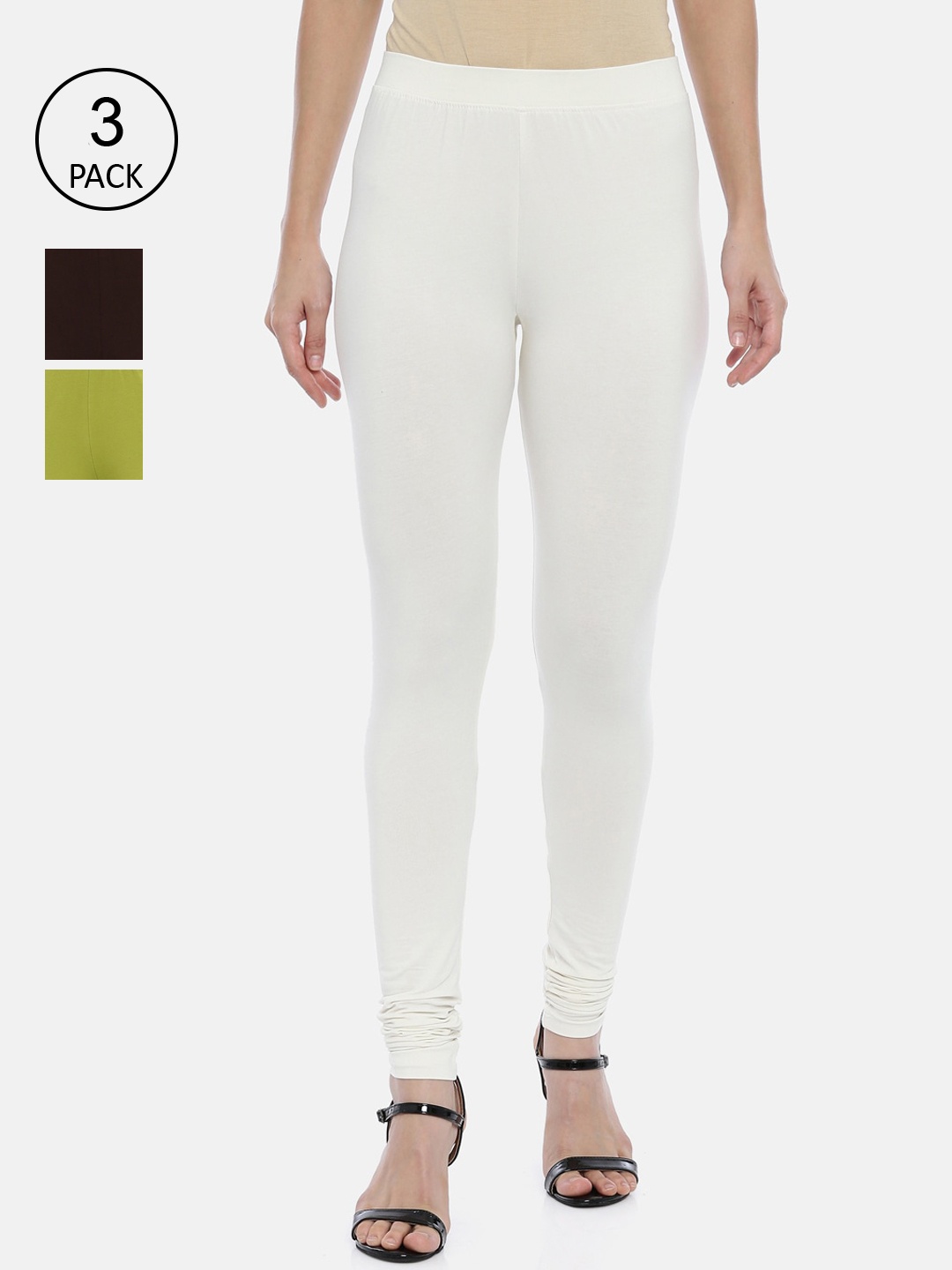 

Huggy Women Pack of 3White & Black Solid Ankle Length Cotton Leggings, Brown