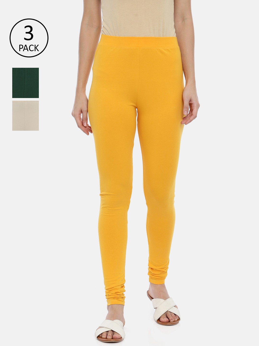 

Huggy Women Pack Of 3 Green Beige & Yellow Cotton Churidar Length Legging