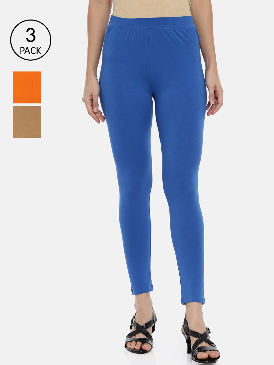 

Huggy Women Pack of 3 Orange & Blue Solid Ankle Length Cotton Leggings