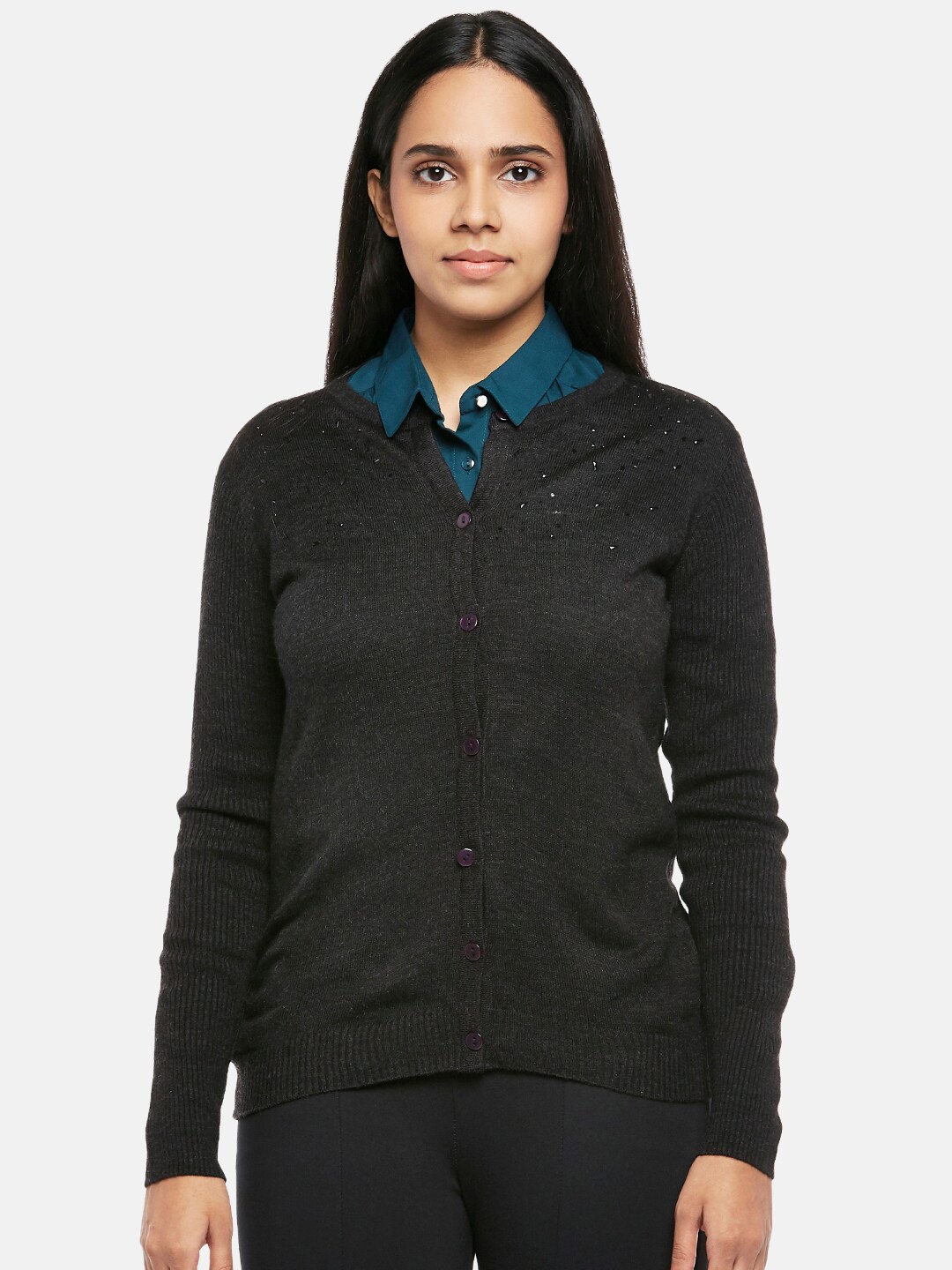 

Annabelle by Pantaloons Women Charcoal Grey Embellished Acrylic Cardigan Sweater