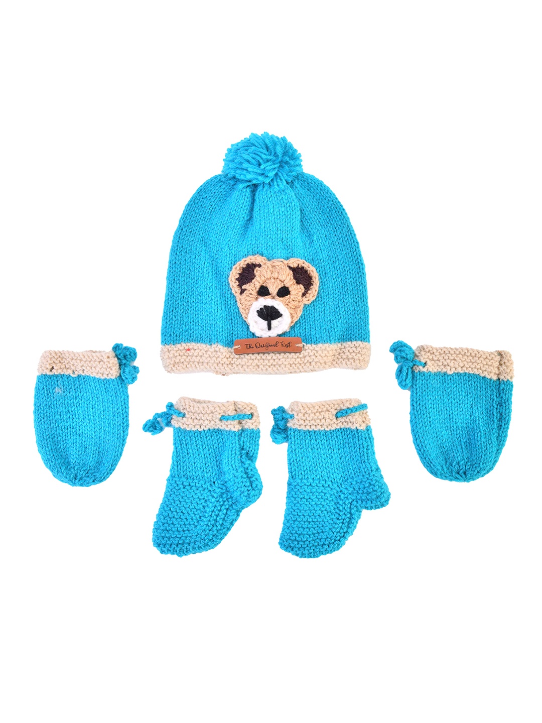 

The Original Knit Unisex Kids Blue & Brown Handmade Acrylic Beanie Booties & Mittens