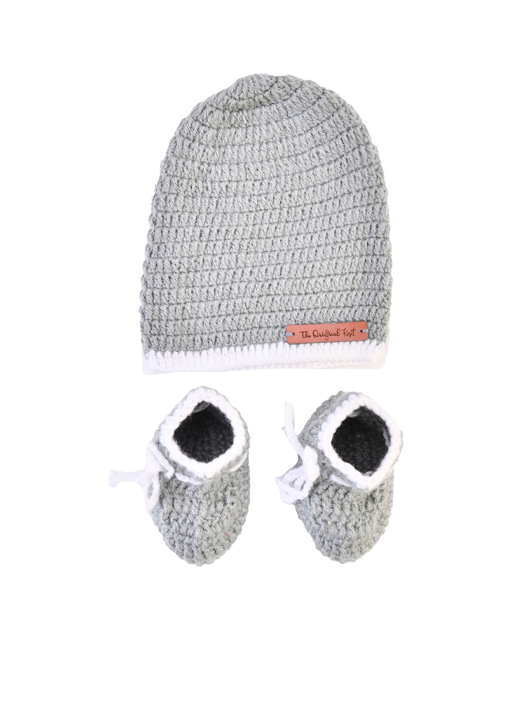 

The Original Knit Kids Grey & White Colourblocked Handmade Beanie with Booties
