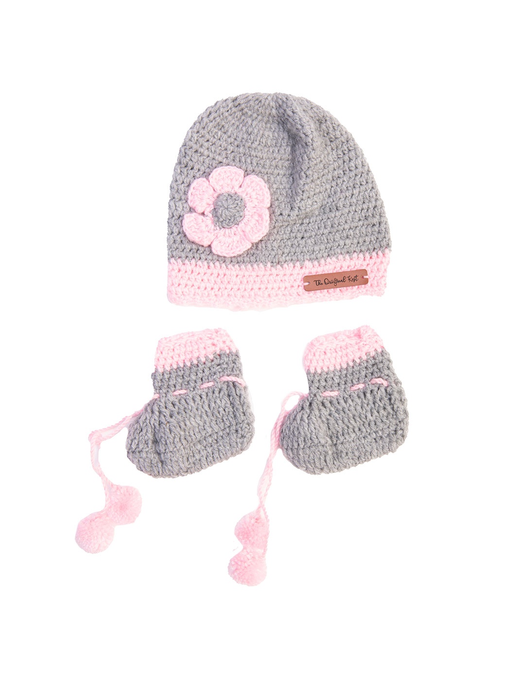 

The Original Knit Girls Grey & Pink Self-Design Hand Made Beanie Cap With Socks