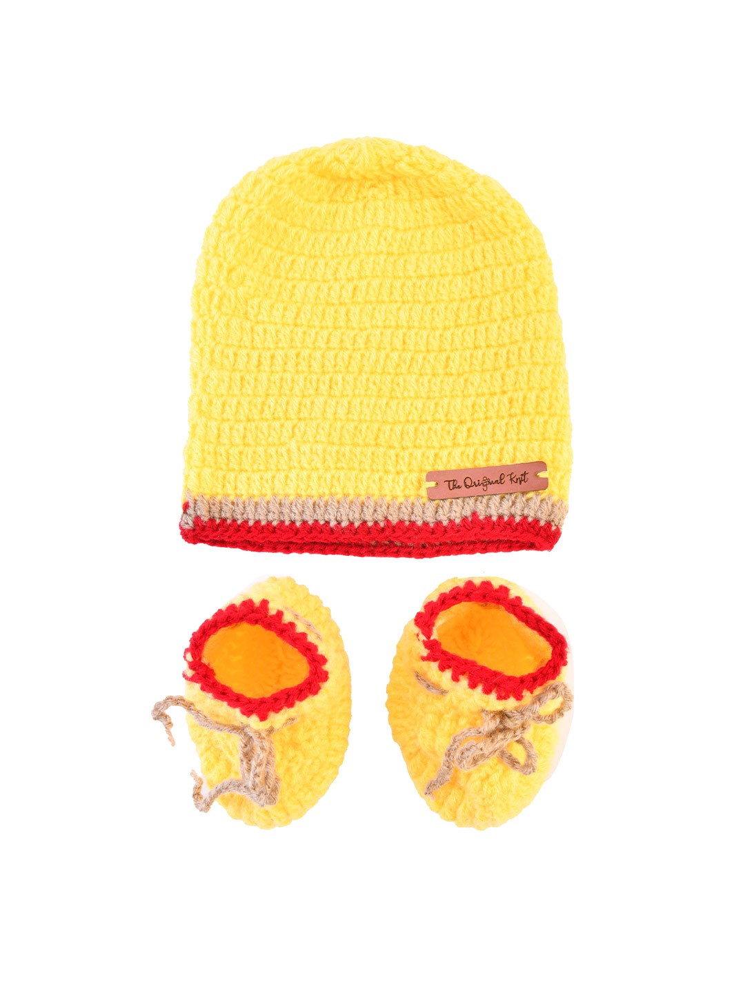 

The Original Knit Kids Yellow & Red Colourblocked Handmade Beanie with Booties