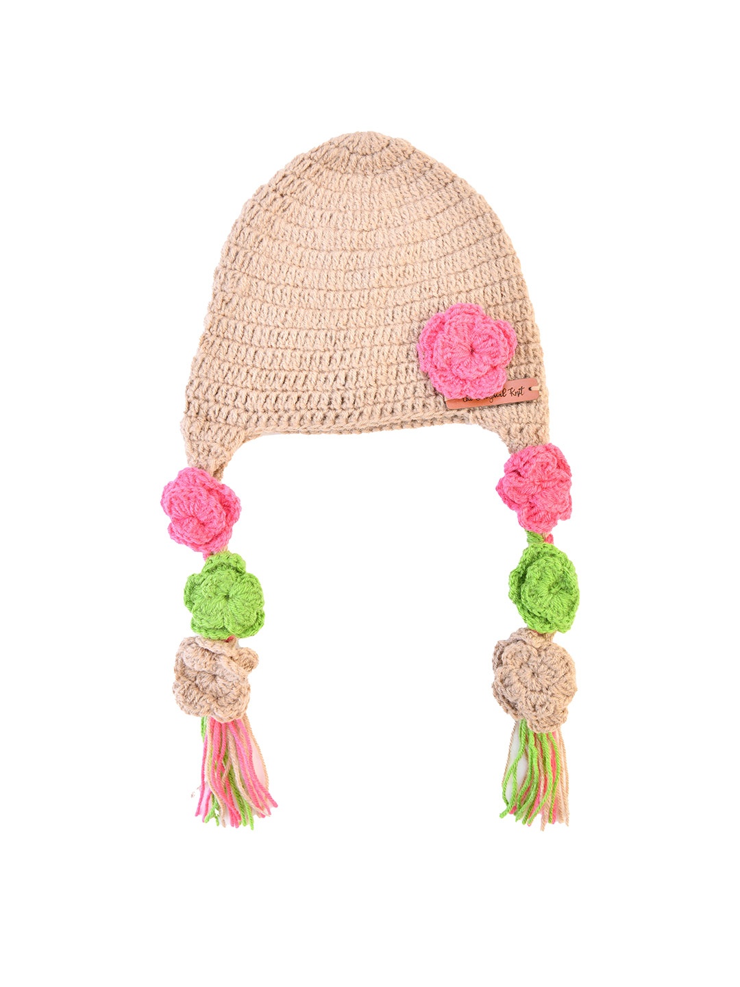 

The Original Knit Girls Beige & Pink Handmade Beanie