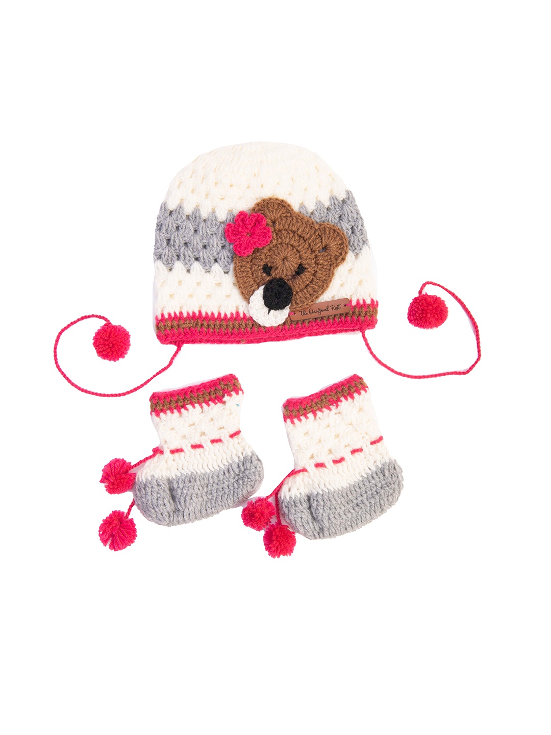 

The Original Knit Infant Girls Off White & Pink Printed Handmade Beanie with Socks