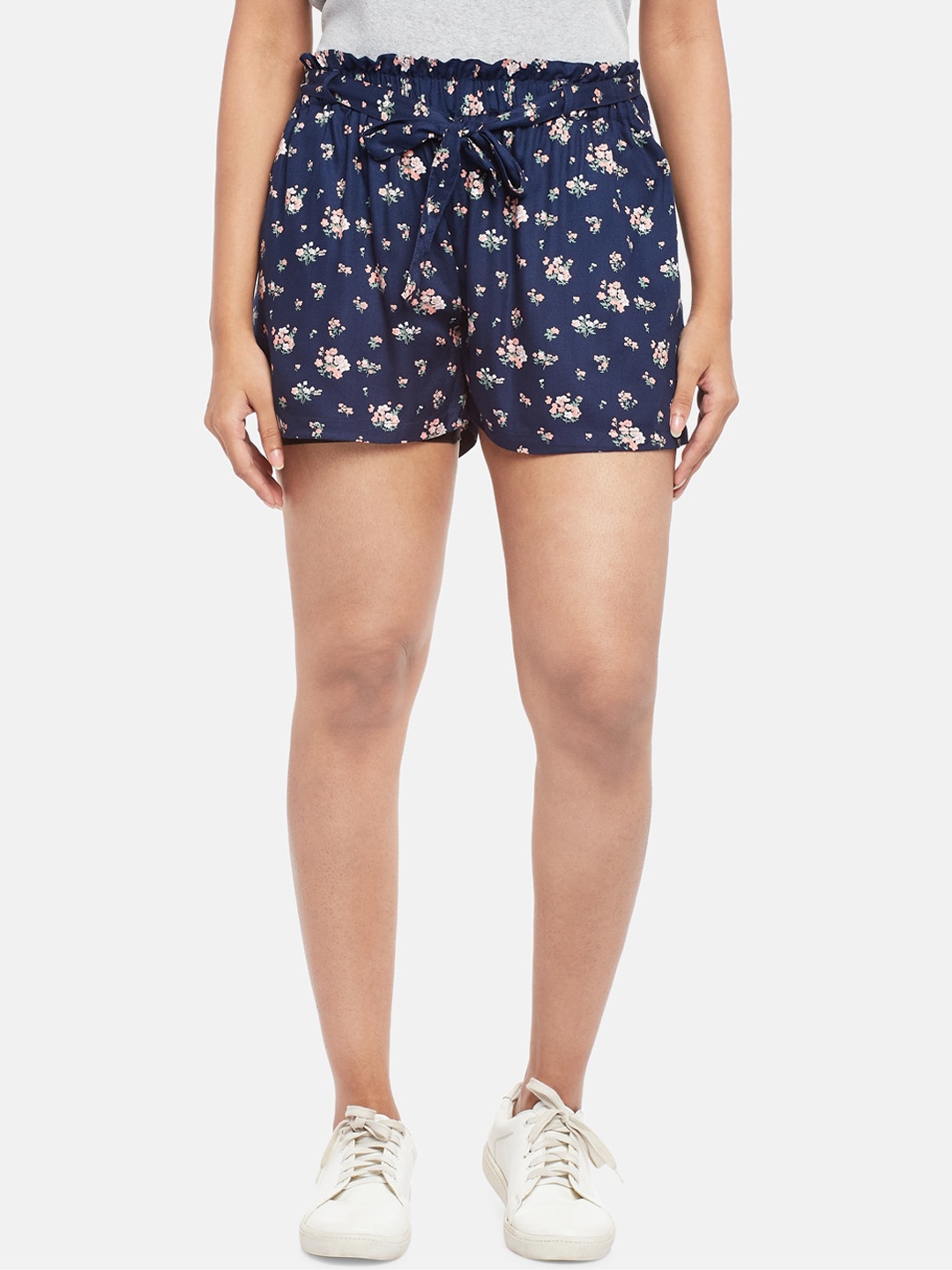 

People Women Navy Blue Floral Printed High-Rise Regular Shorts